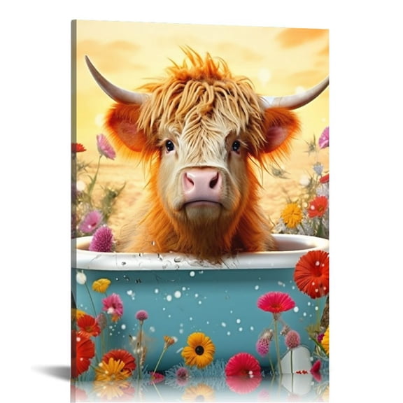 Nawypu Highland Cow Wall Art in Bathtub Canvas Print - Black and White Photo Bubble Funny Cattle Pictures Animal Painting Farmhouse Artwork for Wall