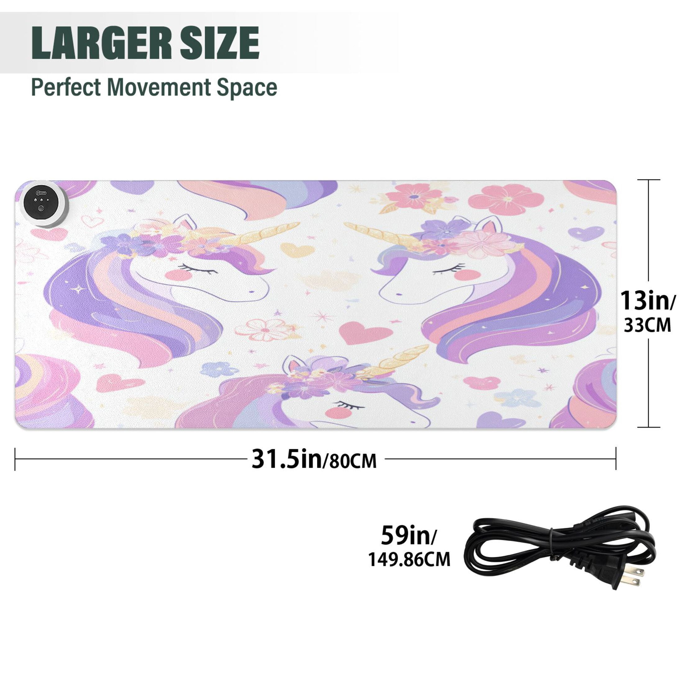 Large Heated Desk Mat Mouse Pad 31.5"x13"PU Leather Graphene Heating Desk Warmer with 3 Temperature Settings 110V US Plug Non-Slip Warm Pad for Home, Office, and Gaming Magical Unicorn Garden Pattern