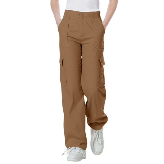 BRGZLK Boys Solid Color Elastic Waist Work Pants With Pockets Casual Loose Straight Pants Trendy Jogger Trousers Brown 11-12 Years