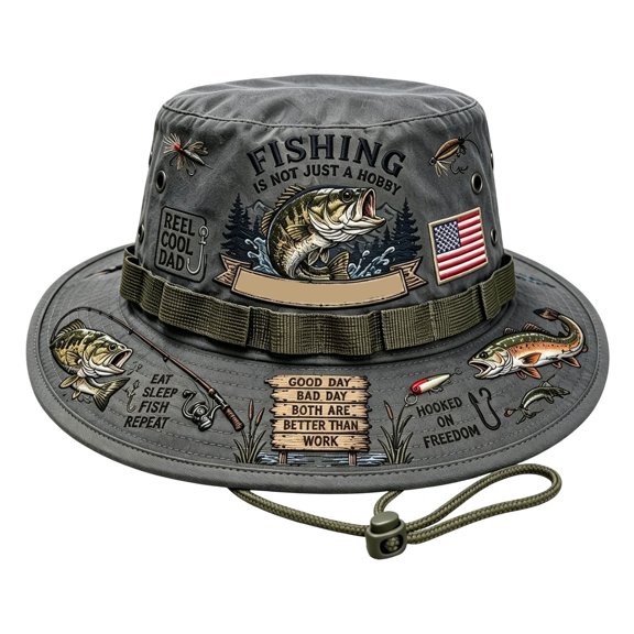 Fishing Is a Way of Life Boonie Hat,Adjustable Chin Strap Wide Brim Cap Outdoor Sunshade Fishing Bucket Hat,Patriotic Bass Print Sun Hat Lightweight Breathable Suitable for Fishing and Hiking, C