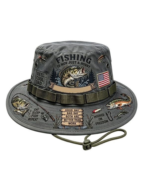Fishing Is a Way of Life Boonie Hat,Adjustable Chin Strap Wide Brim Cap Outdoor Sunshade Fishing Bucket Hat,Patriotic Bass Print Sun Hat Lightweight Breathable Suitable for Fishing and Hiking, C