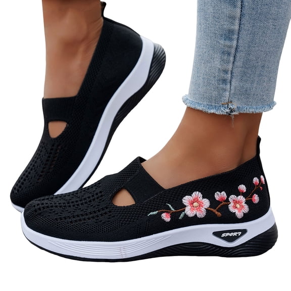 Women's Slip On Breathable Tennis Shoes Lightweight Non Slip Walking Sneakers Wide Toe Box Embroidery Knit Loafers Black Size 6.5
