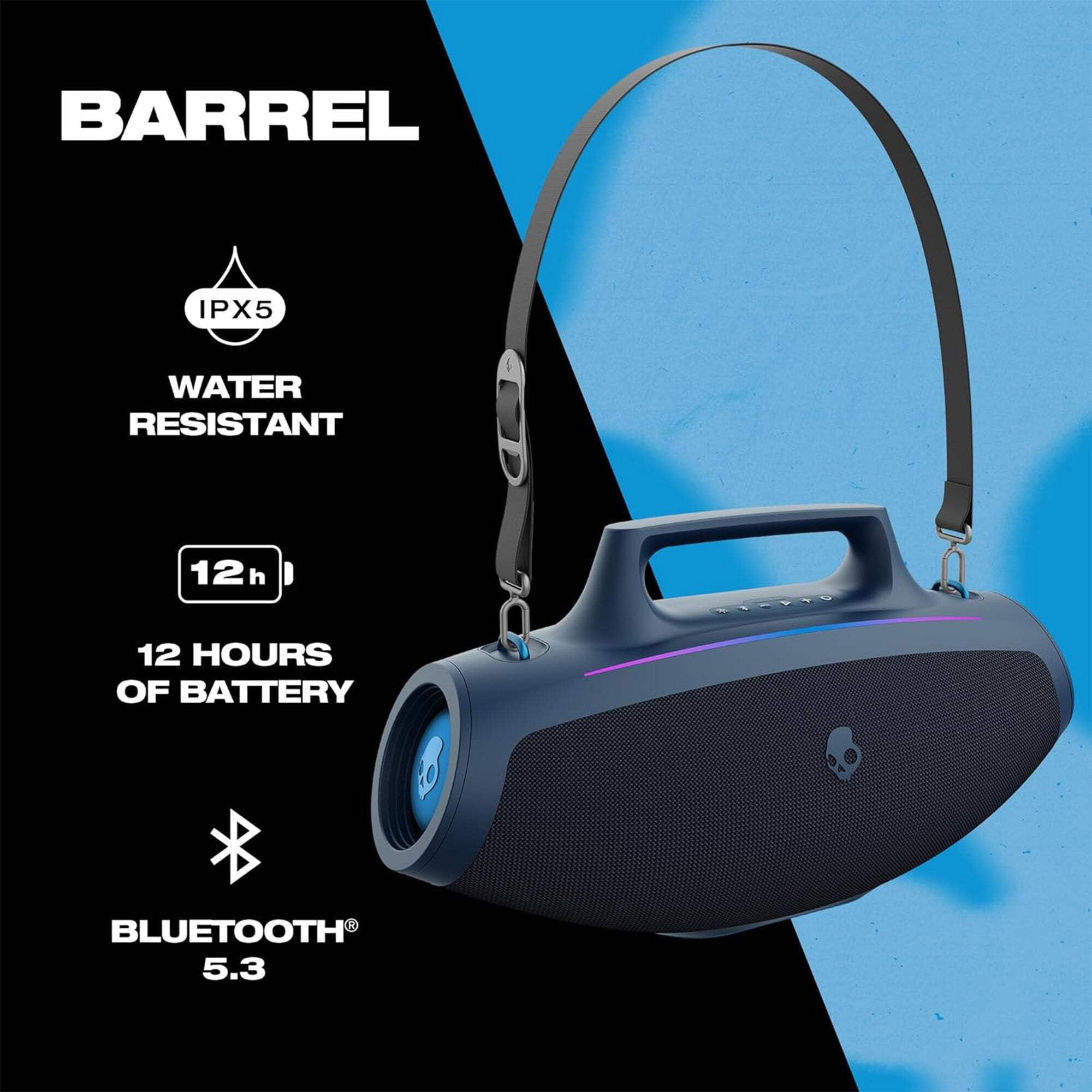Skullcandy Barrel Bluetooth Boombox Party Speaker, Water-Resistant Portable Speaker, LED Lightshow Mode, 12 Hour Battery, Multi-Link