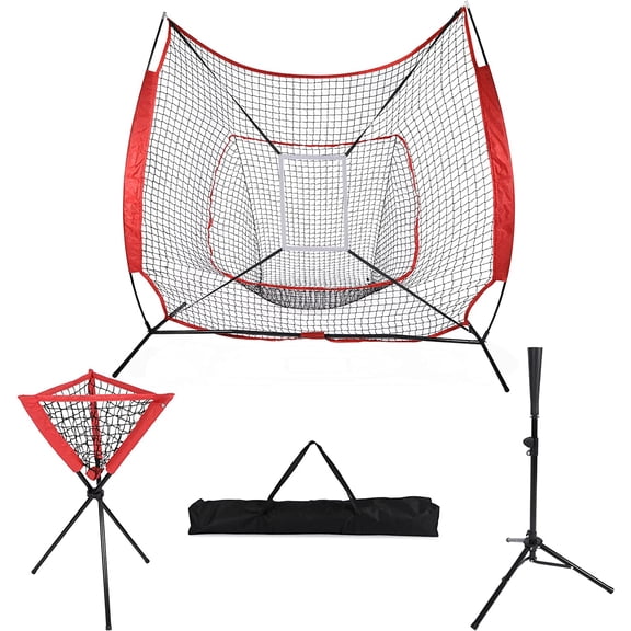 Lineslife Baseball Softball Practice Net - Portable 7 x 7 Feet Practice Net, 1 Batting Tee, 1 Ball Caddy and 1 Strike Zone for Hitting, Pitching, Batting & Fielding Practice Combo, Red