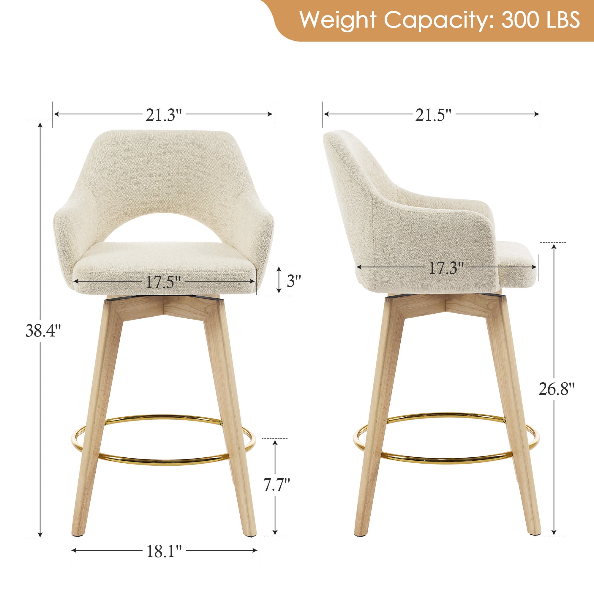 Zesthouse 26.8″ Swivel Counter Height Bar Stools Set of 2, Upholstered Linen Bar Stools with Back and Wood Legs, Mid Century Modern Barstool Island Chairs for Kitchen Counter, Beige