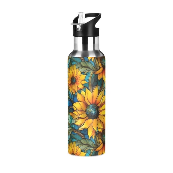 Yayeee 20oz Insulated Water Bottle Double Wall Stainless Steel with Flip Straw Lid, Stained Glass Sunflowers Pattern