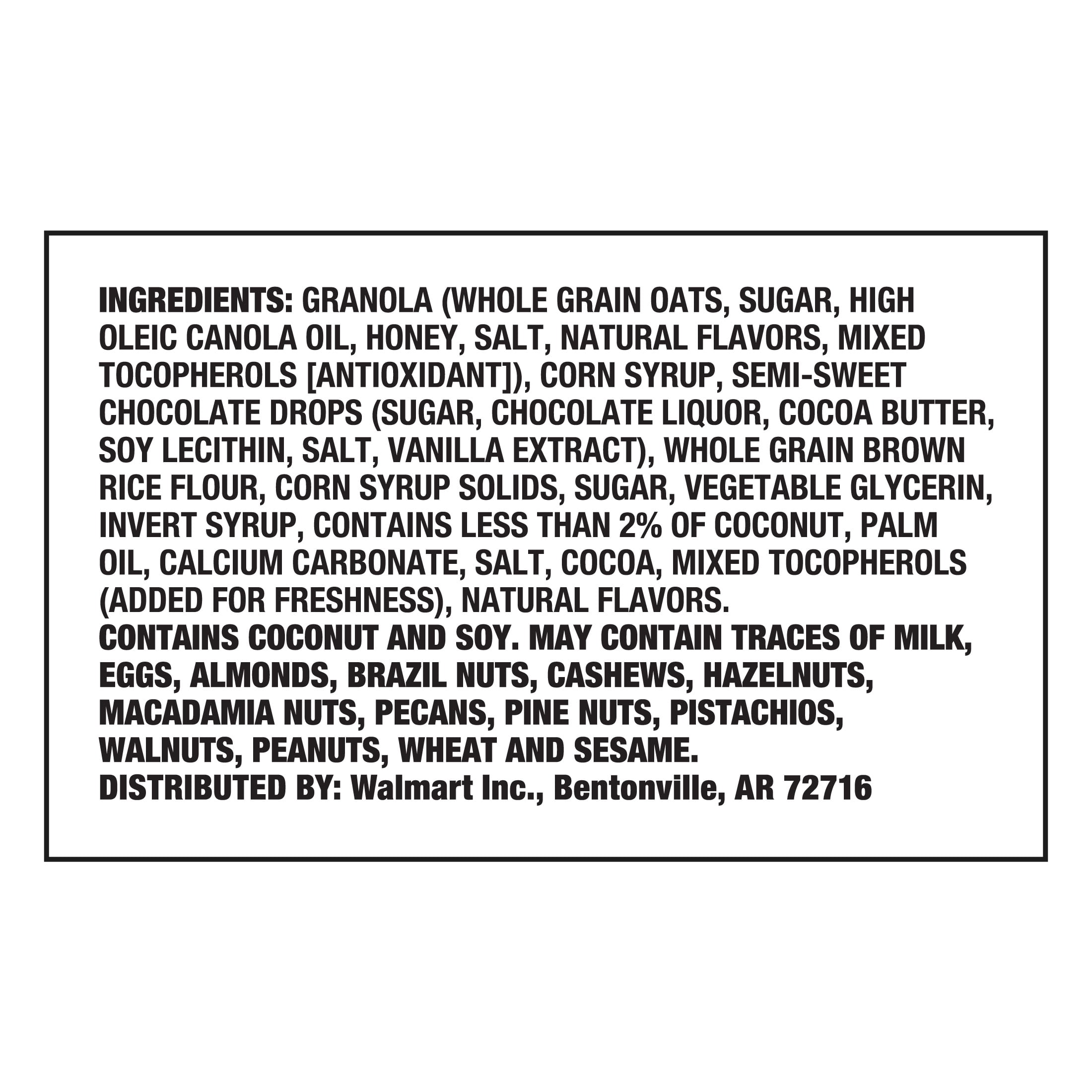 Great Value Barras de Granola Masticables con Chispas de Chocolate Tamaño Familiar, 0.84 oz, 48 Unidades