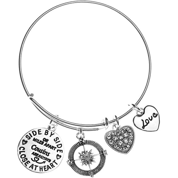 Cousin Charm Bracelet, Side By Side or Miles Apart Adjustable Bangle, Cousin Jewelry for Women, Gift for Cousins