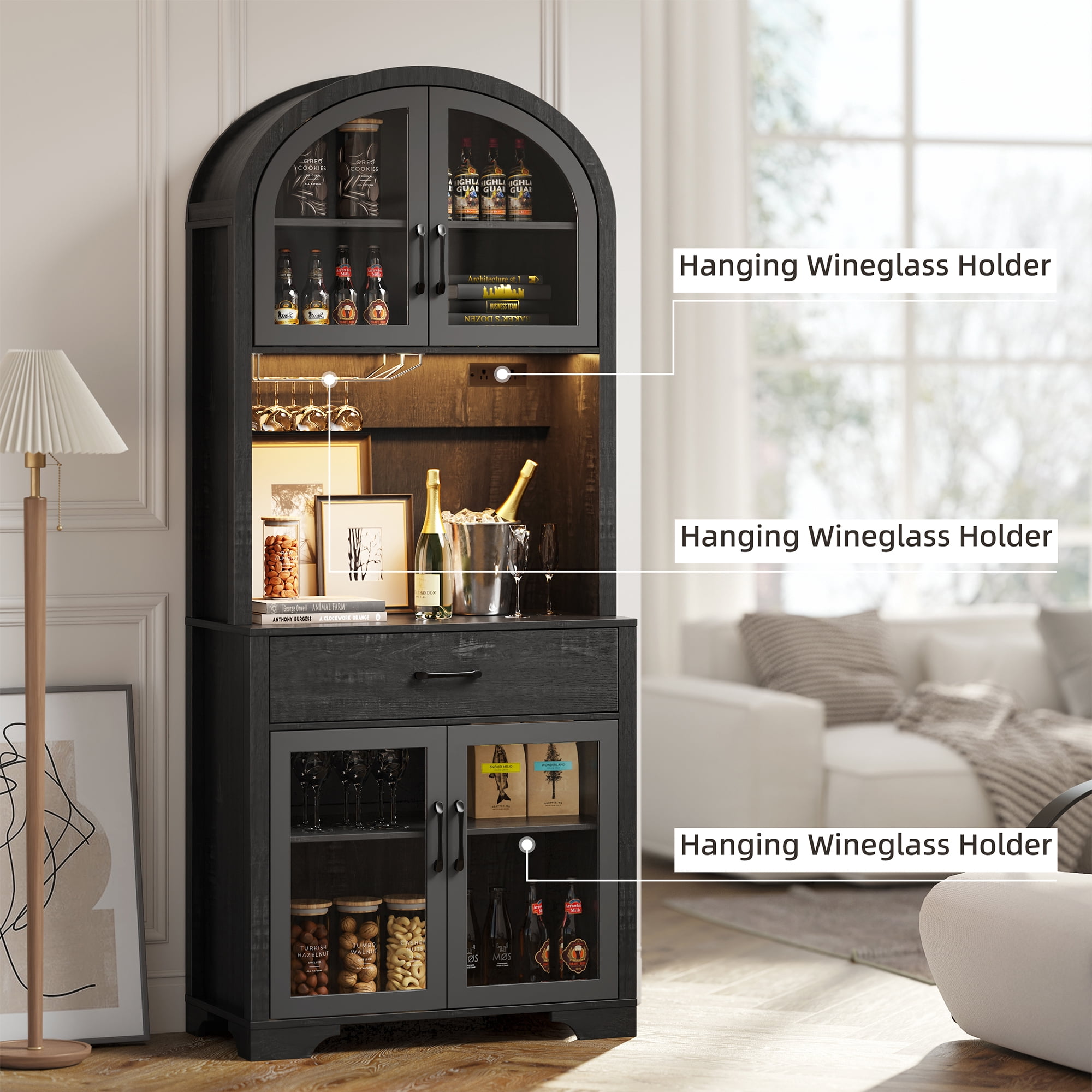 75" Tall Pantry Hutch with Charging Station and Microwave Stand, Kitchen Cabinets Hutch Cupboard for Kitchen, Dining Room, Black