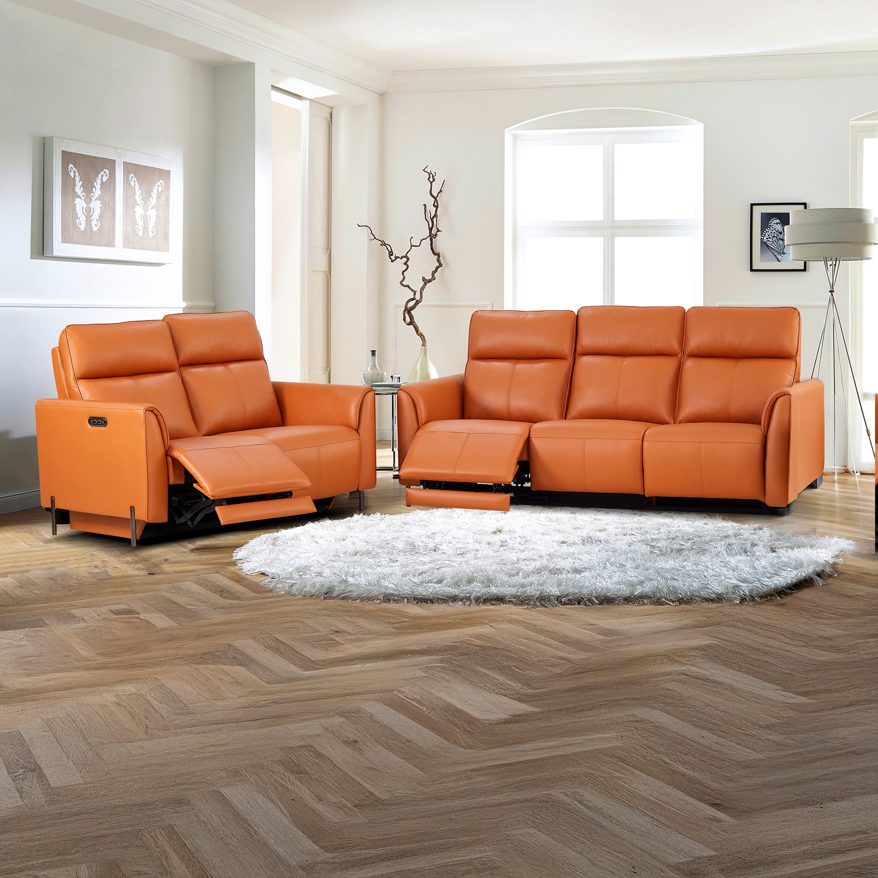 Modern 2-Piece Leather Reclining Sofa Set with Power Recliners and Head Control, Orange