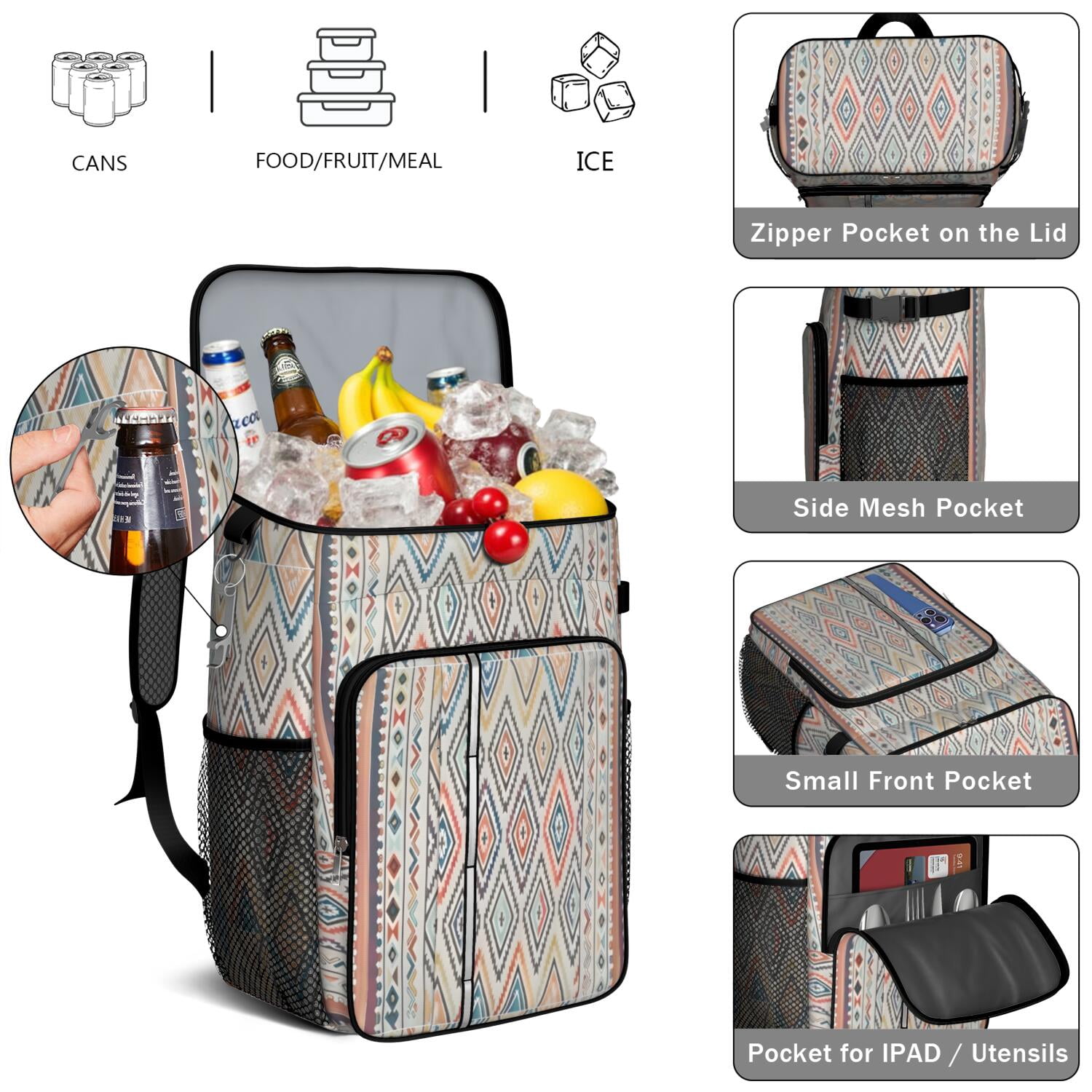 Travel Cooler Bag - Boho Bohemia Pioneer Flower Geometric Line Art Camping Beer Cooler Backpack with Bottle Opener- Waterproof Insulated Picnic Backpacks - Cooler Bag for Beach