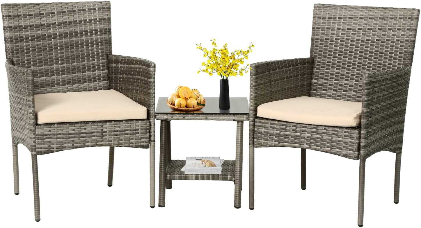 3 Piece Outdoor Furniture Set Patio Gray Wicker Chairs Furniture Bistro Conversation Set 2 Rattan Chairs with Khaki Cushions and Glass Coffee Table for Porch Lawn Garden Balcony Backyard