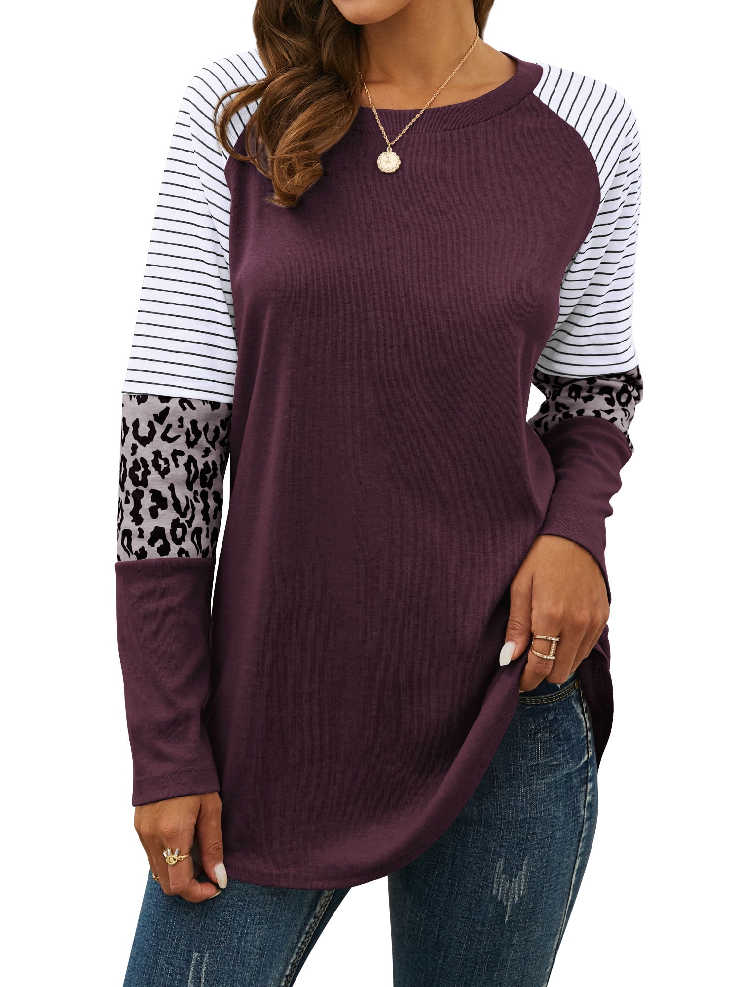 Women Crew Neck Long Sleeve Stripes Leopard Print Top - Walmart.com