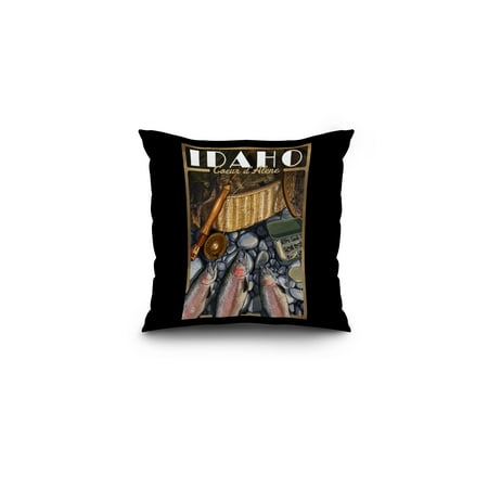 Coeur D'Alene, Idaho - Basket & Fishing Supplies - Lantern Press Artwork (16x16 Spun Polyester Pillow, Black