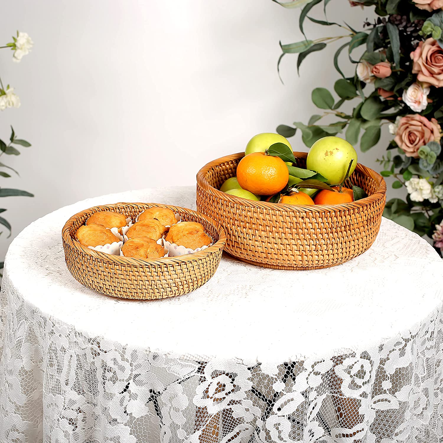  ZENFUN Set of 2 Natural Wicker Bread Baskets, 12 Round Rattan  Woven Fruit Basket, Handmade Willow Food Storage Baskets for Serving  Vegetable, for Kitchen, Home : Home & Kitchen