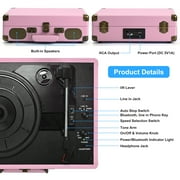 Udreamer Vinyl Record Player 3-Speed Turntable with Bluetooth, Suitcase Portable Vintage Audio Turntable, Pink