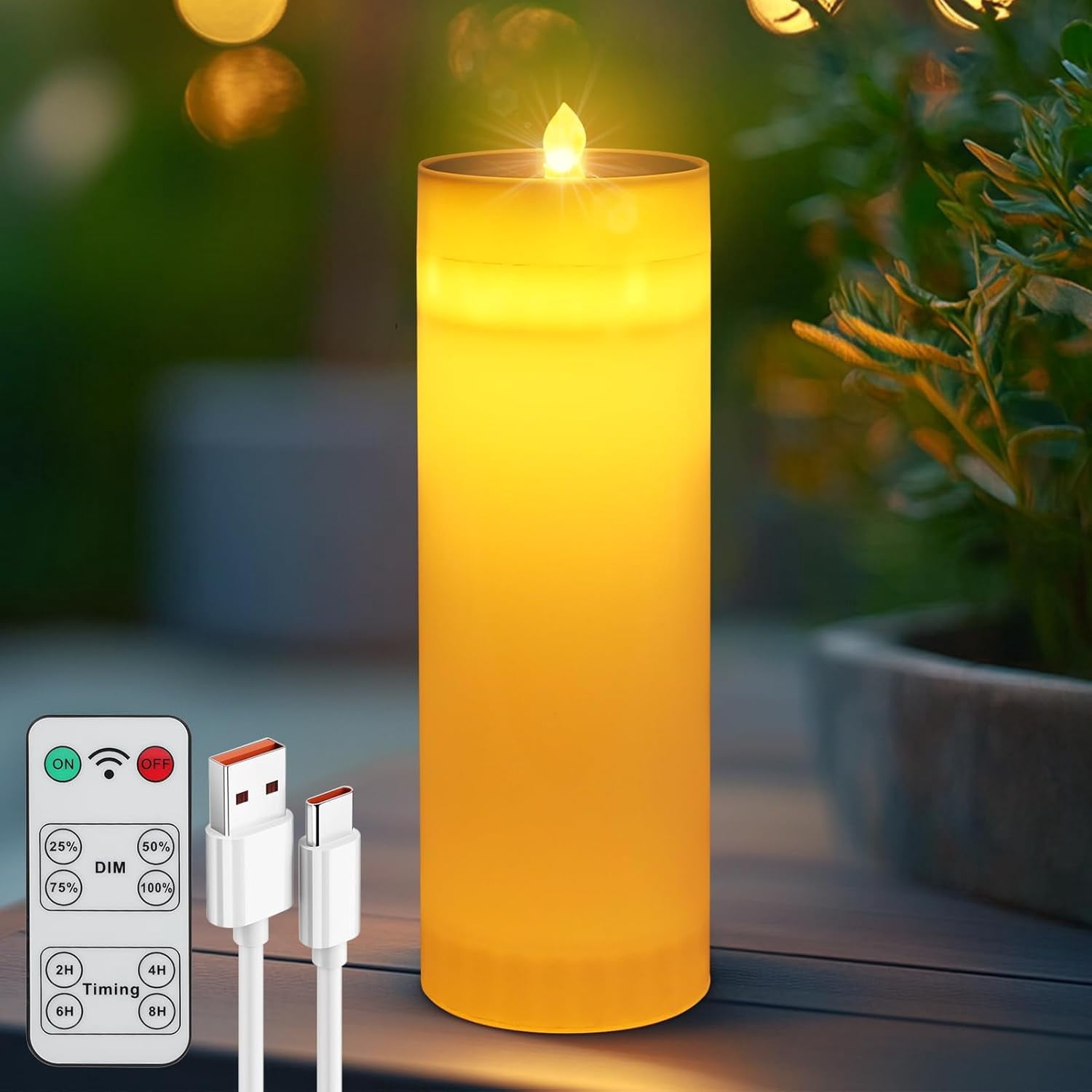 UKLL-Solar Flameless Candle LED Pillar: 4*12 Inch USB Rechargeable Battery Candle with Remote Control for Outdoor and Indoor -Waterproof Large Candle for Patio Porch wedding Gamping Lantern Candle Ho