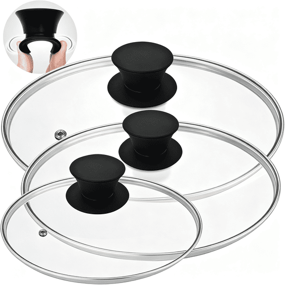ACDANC Glass Lid for Pots and Pans,Round Tempered Glass,Replacement Cover Set with Black Handle,3 Pieces Pan Lid (8 Inch 10.25 Inch 12 Inch)