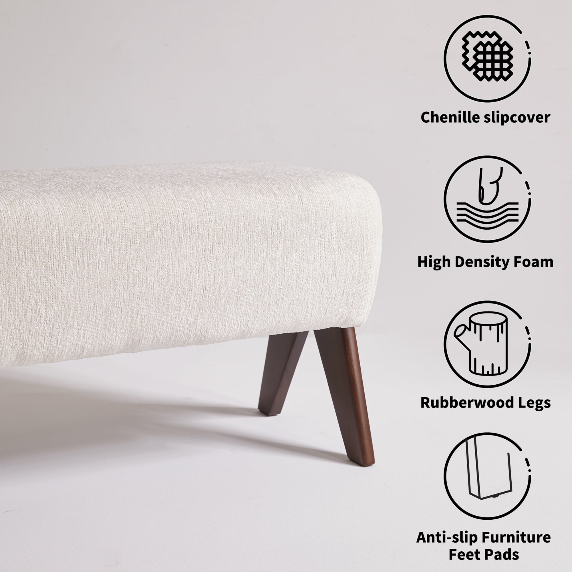 Chenille Upholstered Bench with Solid Wood Legs, White, 38.19 in x 15.75 in x 16.93 in