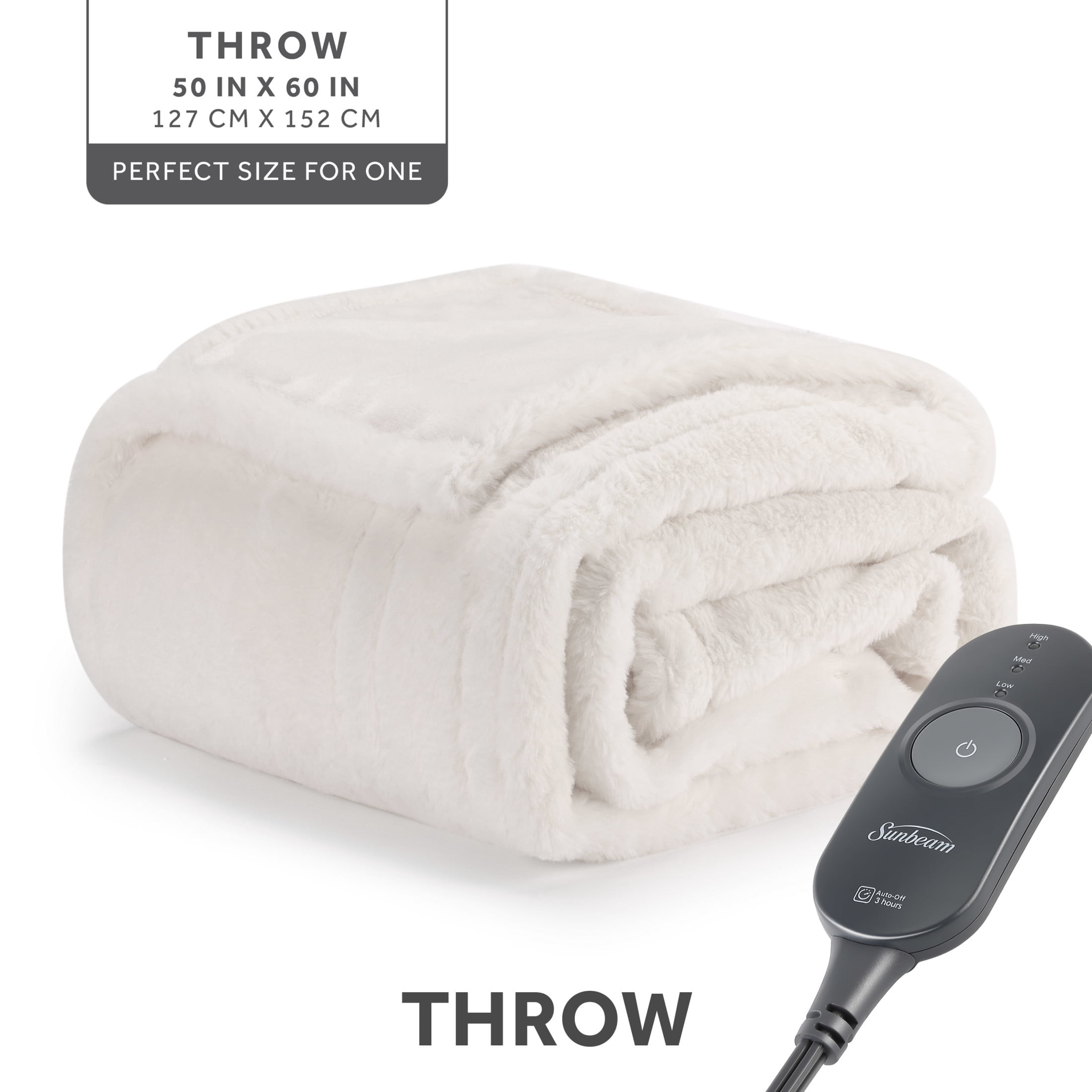 Sunbeam Heated Throw Blanket Faux Fur White 3 Heat Settings 3-Hour Auto Shut Off 50"x60"