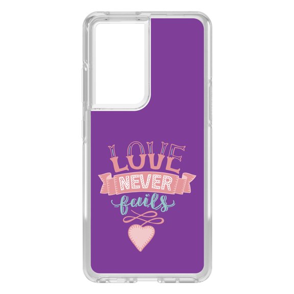 DistinctInk Clear Shockproof Hybrid Case for Galaxy S21 ULTRA 5G (6.8" Screen) - TPU Bumper, Acrylic Back, Tempered Glass Screen Protector - 1 Corinthians 13 - Love Never Fails - Heart