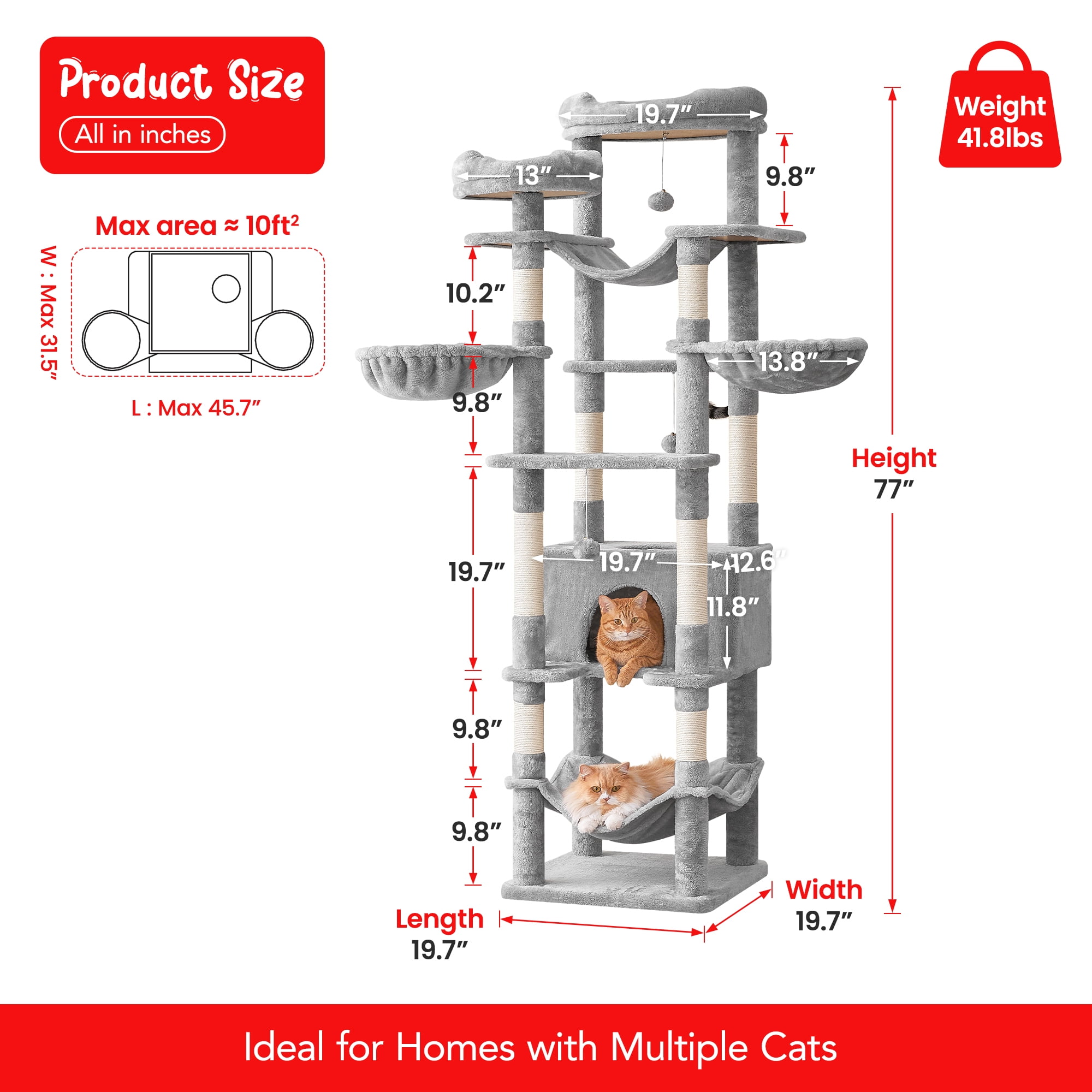 Furcato 77-Inch Cat Tree for Indoor Cats, Multi-Level Large Cat Tower with 4 Hammocks, 2 Padded Perches, Large Cat Condo, Light Gray