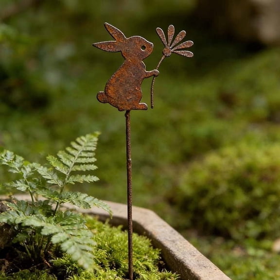 Gmogad Rusted Metal Bunny Garden Stakes Hanging Decoration, Outdoor Patio Planter Easter Spring Iron Garden Ornament with Three Bunny Silhouettes, Weatherproof Decorative Gift for Gardeners