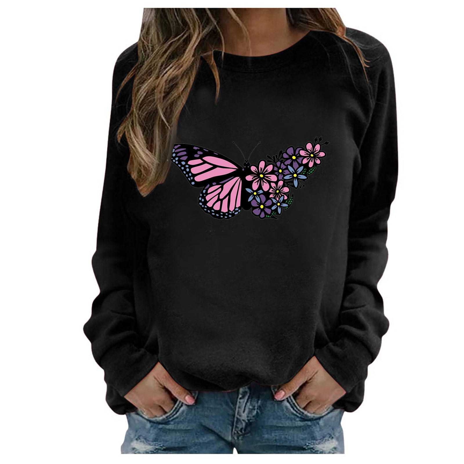 Graphic Sweatshirts for Womens Spring Tops Casual Tie Dye Butterfly Animal Print Shirts Trendy Long Sleeve Blouse Tunic 