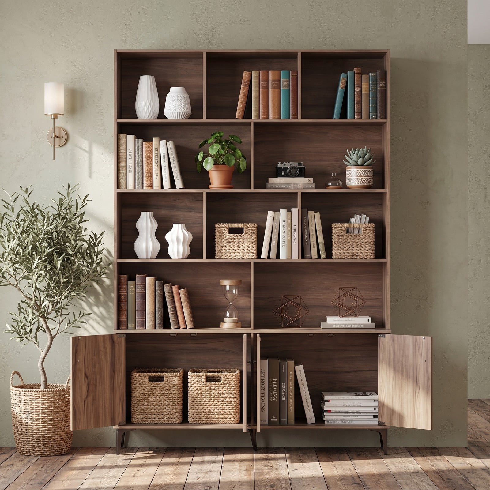 Furnibear 68.5" Tall Bookshelf with 4 Doors and Open Display Shelves, Freestanding Bookcase Storage Cabinet with Anti-Tipping Kits and Metal Legs for Home, Walnut