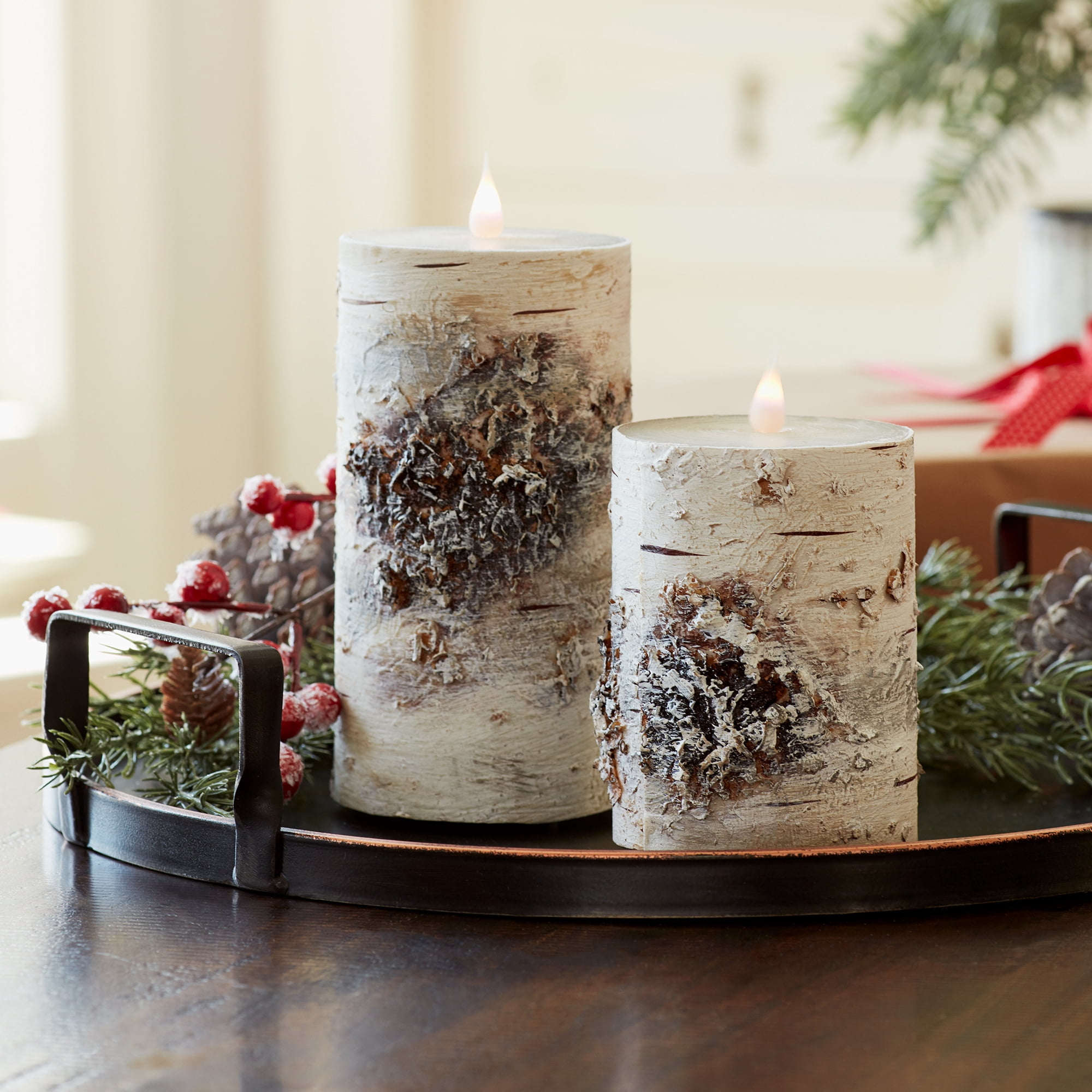 Set of 4 Winter White and Brown Contemporary LED Birch Candle, 7"