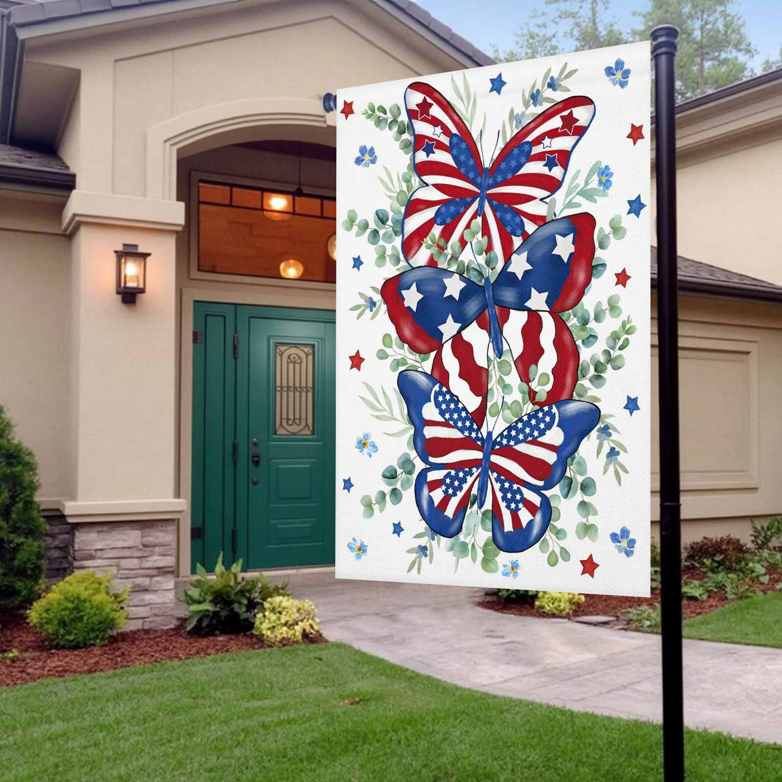 4th of July Garden Flags Patriotic Star Butterfly Garden Flag Double Sided Welcome Flag Eucalyptus Leaves Independence Day Yard Flags for Outdoor Lawn Porch Memorial Day Holiday Decor 28x40 Inch