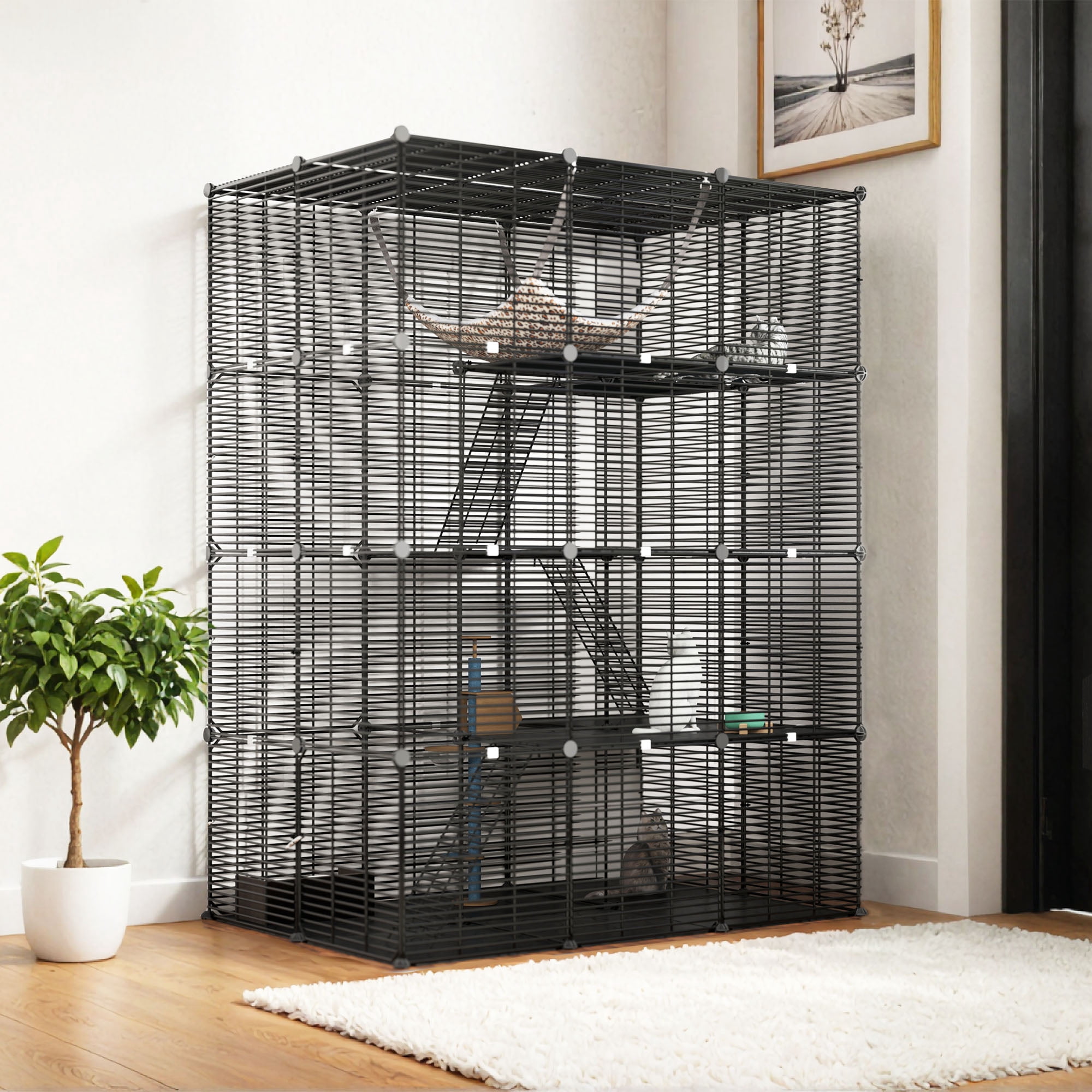 Uforic 55" Large 4 Tier Cat Cage, Indoor Cat Enclosures with Large Hammock, DIY Cat Playpen Metal Kennel for 1-3 Cats,28"L x 41"W x 55"H,Black