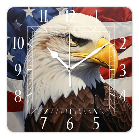 12 Inch Wall Clock Battery Operated Square Clock Decorative for Office, Kitchen, Outdoor, Living Room，Usa Flag American Bald Eagle Multicolor