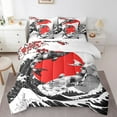 thumbnail image 1 of YST Mount Fuji Bed in a Bag King Size Japanese Style Koi Fish Duvet Insert Ukiyo-E Theme 7 Piece Comforter Set Mountain Cherry Blossom Red Sun Ink Painting Flat Fitted Sheet,Black White, 1 of 5
