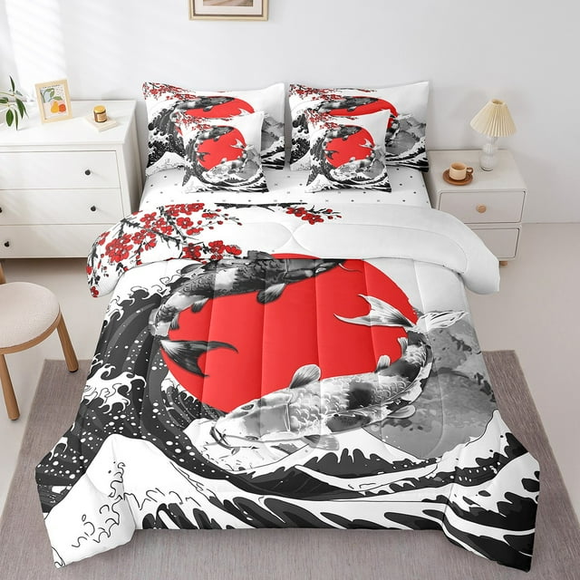 YST Mount Fuji Bed in a Bag King Size Japanese Style Koi Fish Duvet Insert Ukiyo-E Theme 7 Piece Comforter Set Mountain Cherry Blossom Red Sun Ink Painting Flat Fitted Sheet,Black White