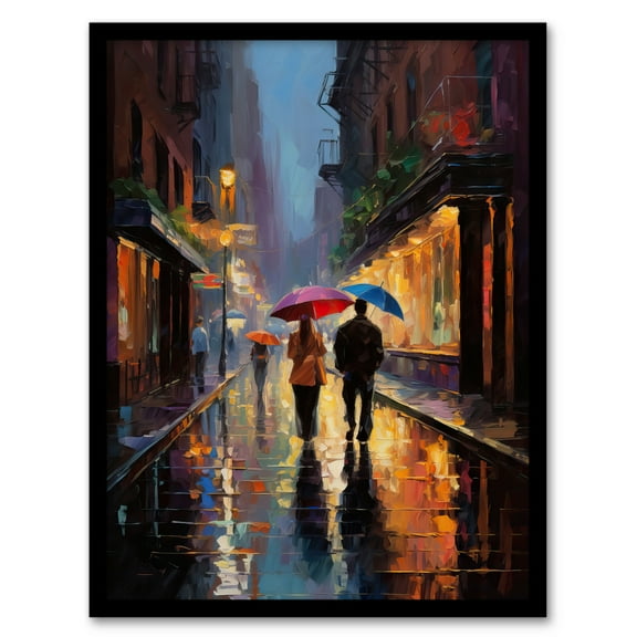 Rainy Romance Colourful Oil Painting Couple Talking A Romantic Walk With Umbrellas On A Rainy Night Bedroom Art Art Print Framed Poster Wall Decor 12x16 inch