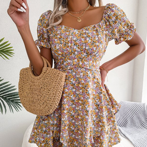 Vestido Estampado Vestido estampado de mujer con cordones Mini vestido de playa Vestido hasta la cintura (L amarillo) Ygjytge para Mujer Amarillo T S