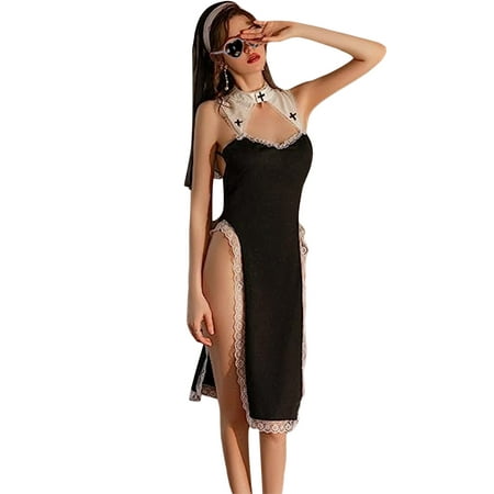 

Women Nun Dress with Panty and Headwear High Slit Dress Lingerie
