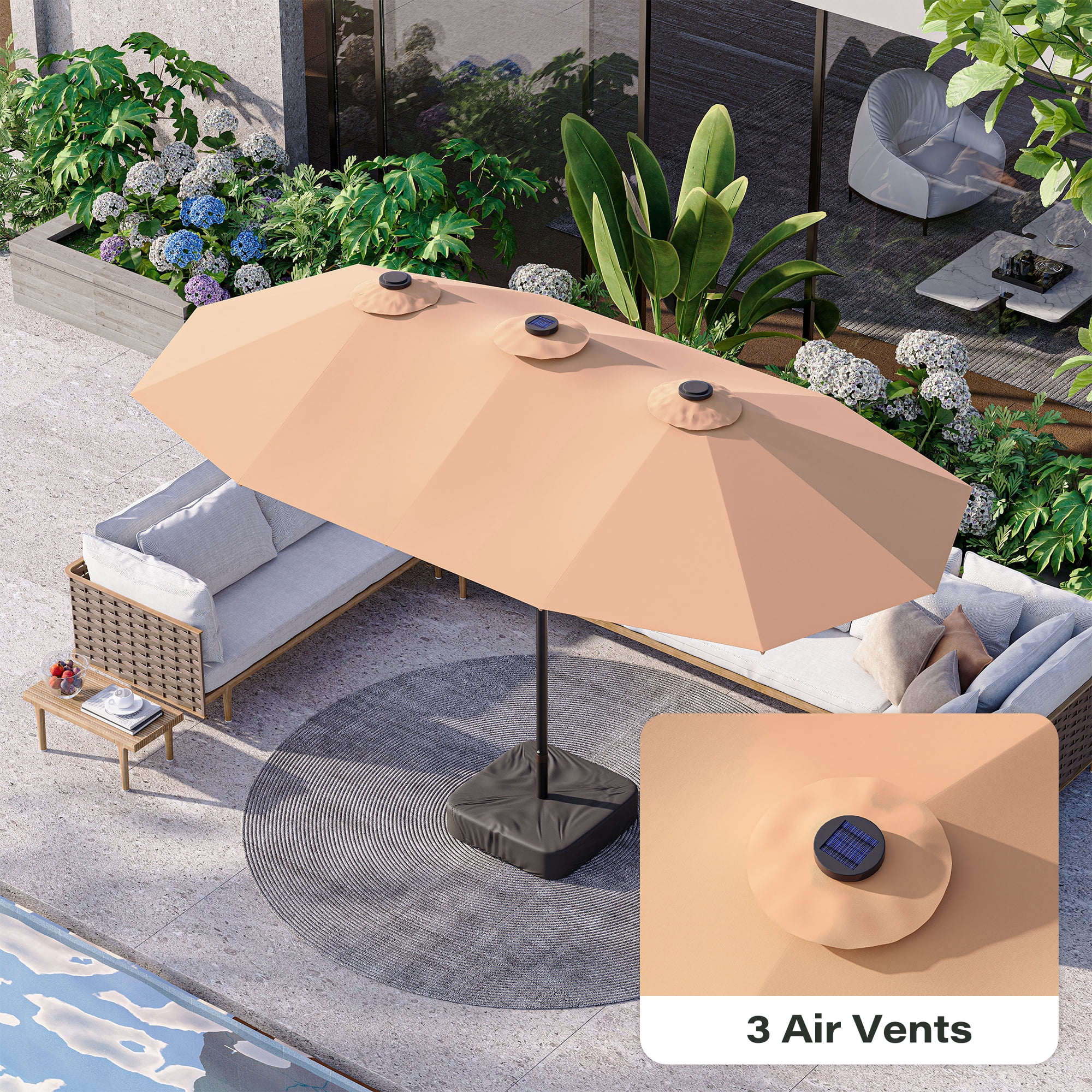 LAUSAINT HOME 13ft Double Sided Patio Umbrellas with Base & Crank Handle for Garden, Poolside, Beige