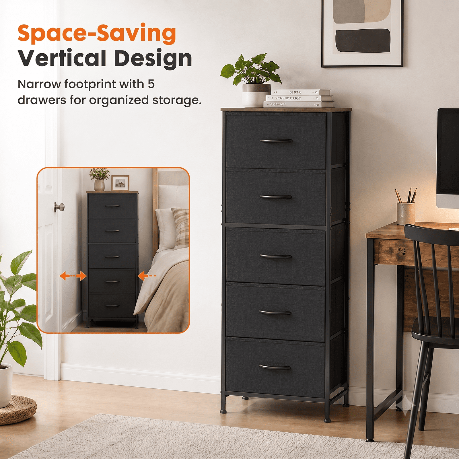 Alvantor Tall Dresser for Bedroom with 5 Drawers, Vertical End Table and Nightstand for Bedroom, Storage Organizer Chest of Drawers with Removable Fabric Bins