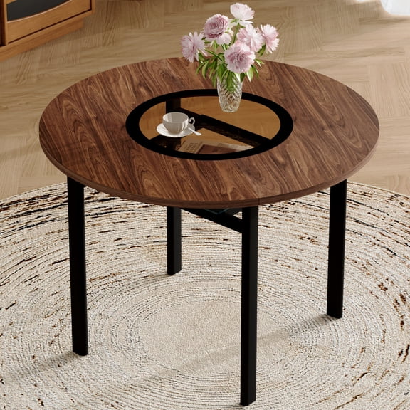 Mintazer 42 Inch Modern Wood Grain Round Dining Table with Tempered Glass Inlay and Storage Shelf, Minimalist Kitchen Table for 4-6 People, Walnut