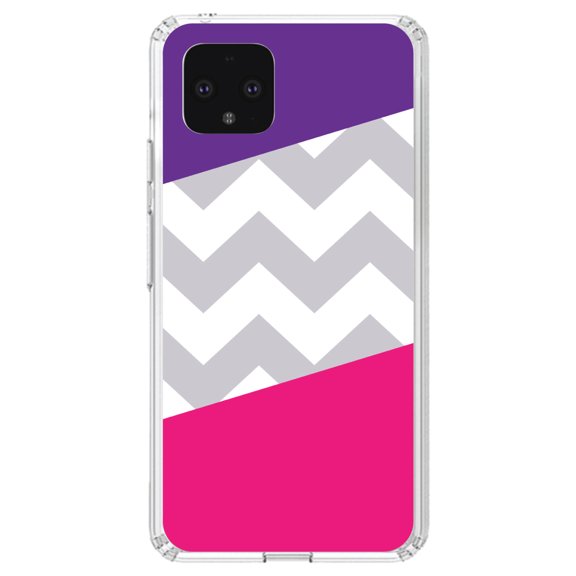 DistinctInk Clear Shockproof Hybrid Case for Google Pixel 4 (5.7" Screen) - TPU Bumper, Acrylic Back, Tempered Glass Screen Protector - Purple Pink Block Grey Chevron - Chevron Stripes Pattern