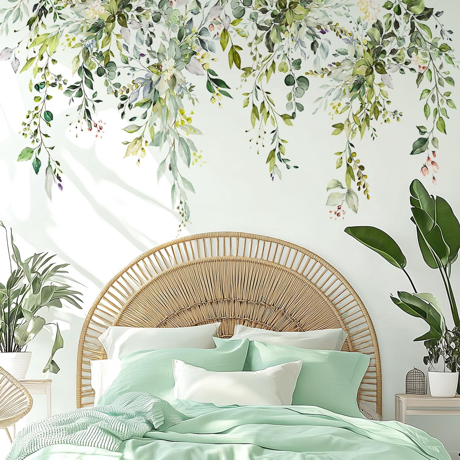 Green Plants Leaves Wall Decals Peel and Stick, Large Floral Flowers Wall Stickers, Removable Vine Home Decor Art for Bedroom Living Room Classroom Office