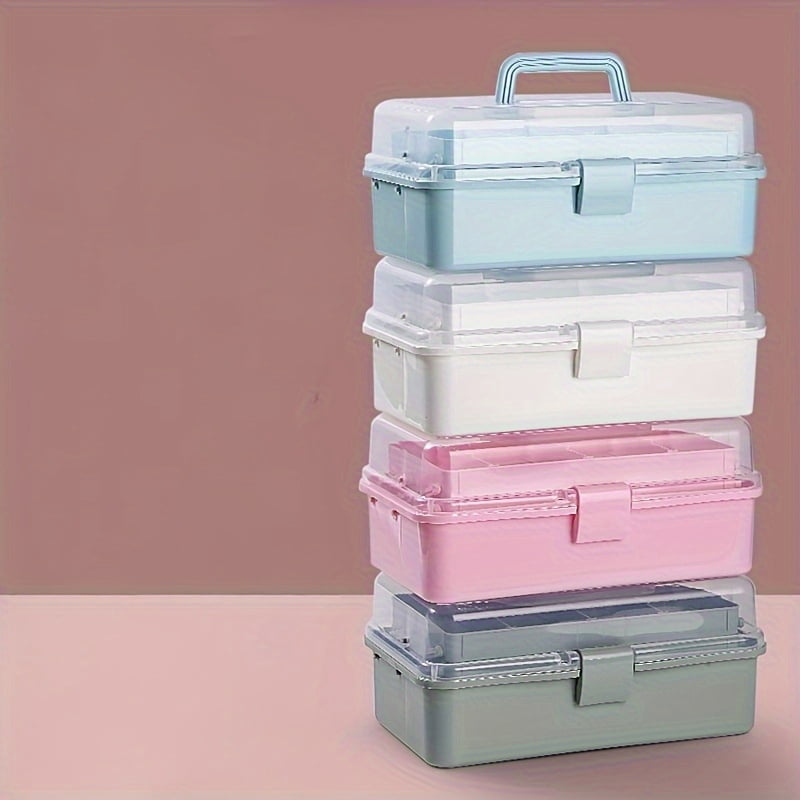 General 3-Layer Multifunctional Craft Storage Box with Adjustable Dividers, Portable Foldable Storage Bin for Art Supplies Tools Medicine, Durable Plastic, Pink/Green/White
