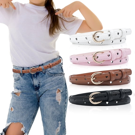 AWAYTR 4 Pack Girls PU Leather Belts, Heart Hollow Design, Gold Metal Buckle, Adjustable Kids Waist Belt for Uniform Dress Jeans