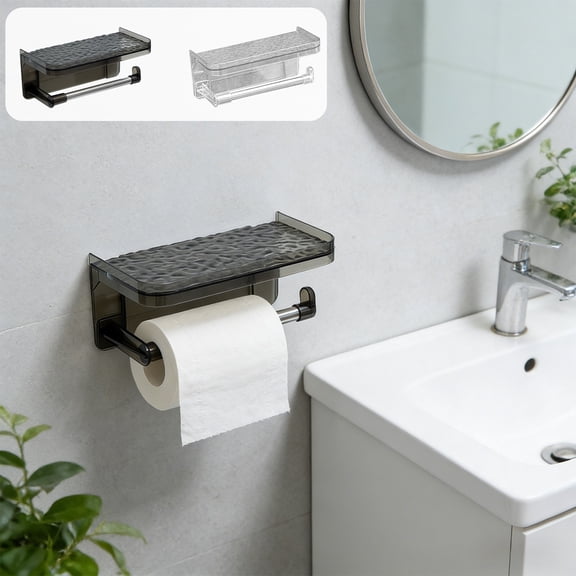 No Drill Toilet Paper Holder with Shelf, Wall Mounted Bathroom Storage for Tissue Rolls, Phones, and Essentials, Adhesive Mount, Black, Acrylic, by IHXORA