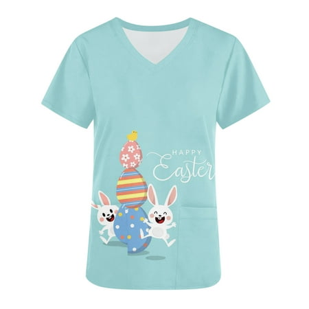 

UHUYA Scrubs For Women Women Tops Short Sleeve V-neck Tops Working Uniform Easter Print With Pocket Blouse Blue XXL