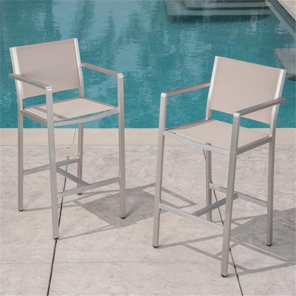 Gannon Outdoor 29.5" Mesh Barstools with Aluminum Frame, Set of 2, Grey, Silver