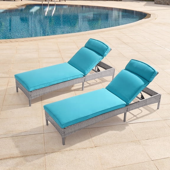 ACEGOSES Patio Chaise Chairs Set of 2, Rattan Single Lounge Water-Repellent Cushion Adjustable Suiting for Yard, Poolside and Beach, Lake Blue