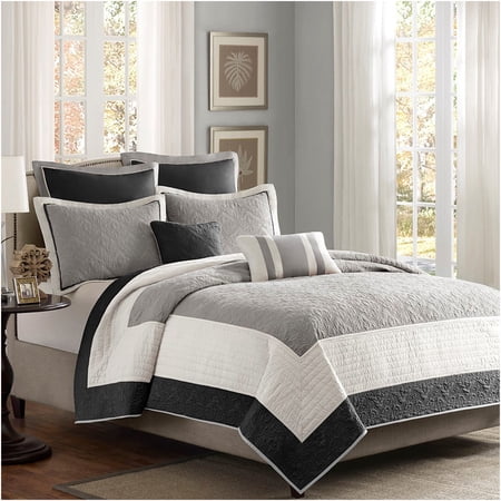 JERFIT 7-Piece Reversible Quilt Bed Set with Euro Shams & Decorative Pillows, Black Grey Ivory, Full/Queen, All-Season Luxury Cotton Blend